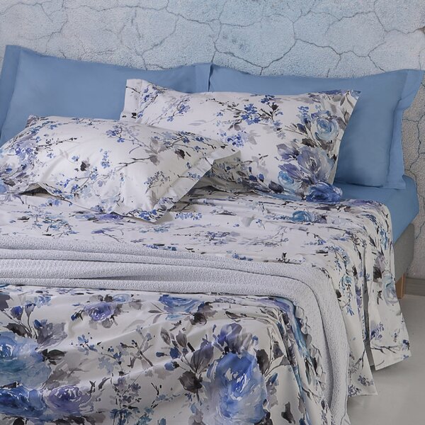Completo Lenzuola In Percalle Rami-di-rose Matrimoniale - 250X290 175X205 + 2 Federe 50X80 Emporium Floreale Azzurro Caleffi