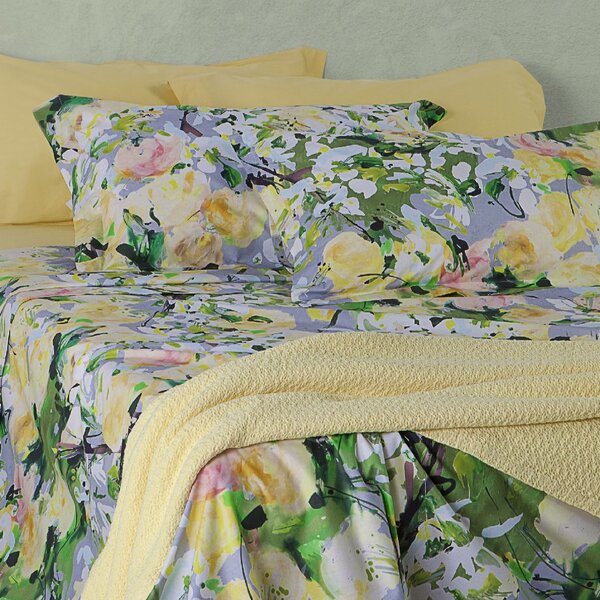 Completo Lenzuola In Percalle Primrose Matrimoniale - 250X290 175X205 + 2 Federe 50X80 Emporium Floreale Giallo Caleffi
