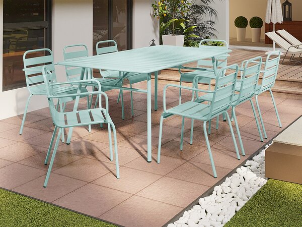 Sala da pranzo da giardino in metallo - un tavolo L.200 cm e 8 sedie impilabili - Verde acqua - MIRMANDE di MYLIA