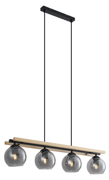 Lampada a sospensione moderna nera con legno e vetro fumé 4 luci - Aleks