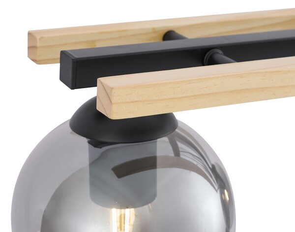 Lampada a sospensione moderna nera con legno e vetro fumé 4 luci - Aleks