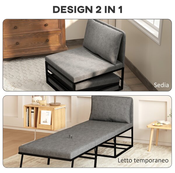 HOMCOM Poltrona Letto con Cuscino e Copertura Protettiva, in Tessuto Effetto Lino e Metallo, 66x70x74 cm, Grigio | Aosom Italy