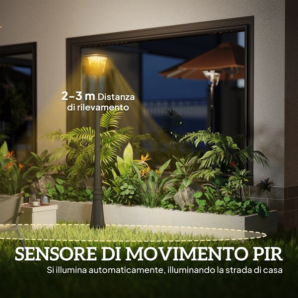 Outsunny Lampione da Giardino a Energia Solare con Sensore PIR, in Alluminio e Vetro, 26x24x220 cm, Nero | Aosom Italy