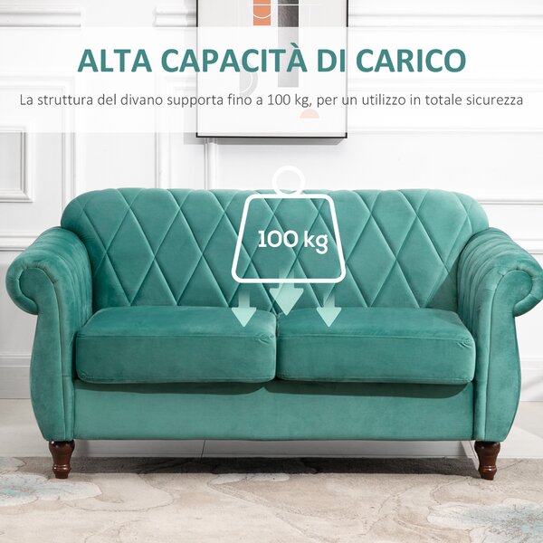 HOMCOM Divano 2 Posti in Legno e Velluto Verde, Spessa Imbottitura, Divano per 2 Persone Design Vintage Rétro, 148 x 72 x 76cm