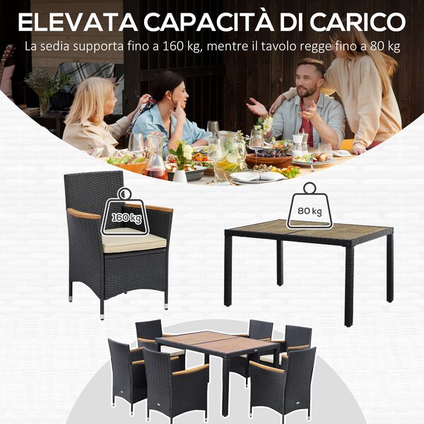 Outsunny Set Tavolo e Sedie da Giardino 7 Pezzi in PE Rattan e Legno, Mobili da Esterni con Cuscini Morbidi, Nero|Aosom