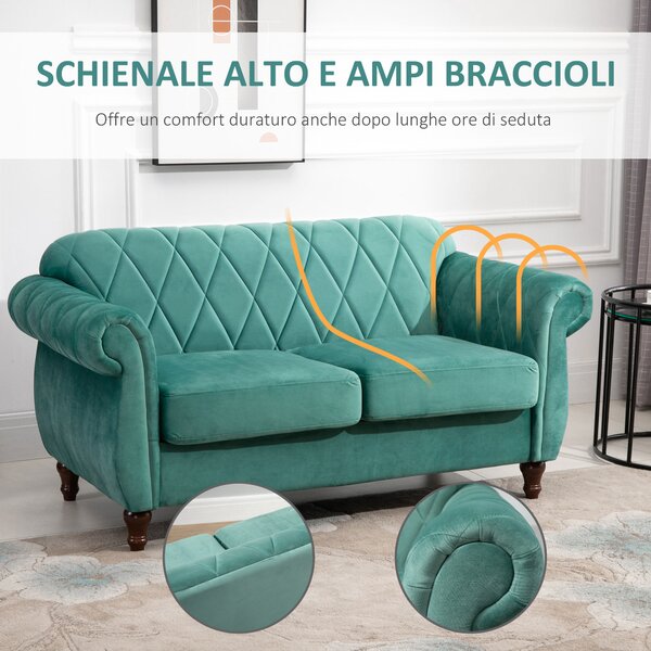 HOMCOM Divano 2 Posti in Legno e Velluto Verde, Spessa Imbottitura, Divano per 2 Persone Design Vintage Rétro, 148 x 72 x 76cm