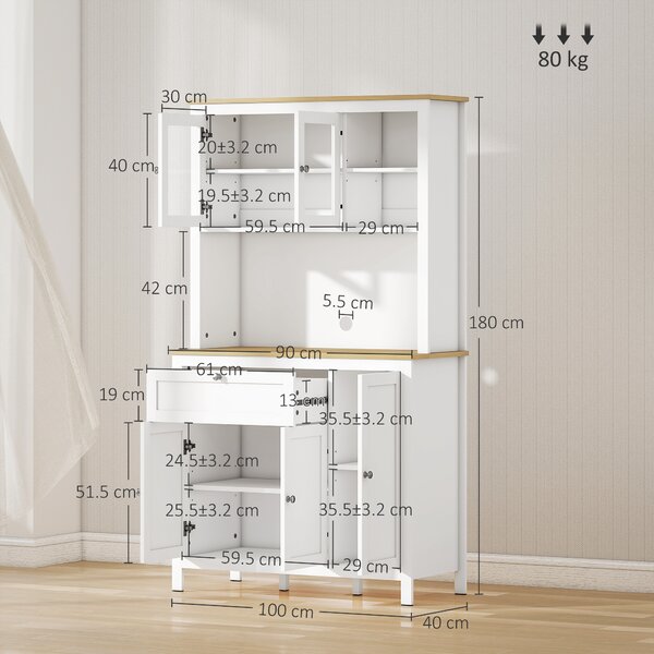HOMCOM Dispensa Cucina con Cassetti, Ripiani Aperti e Scaffali Regolabili in Legno, 100x40x180 cm, Bianco