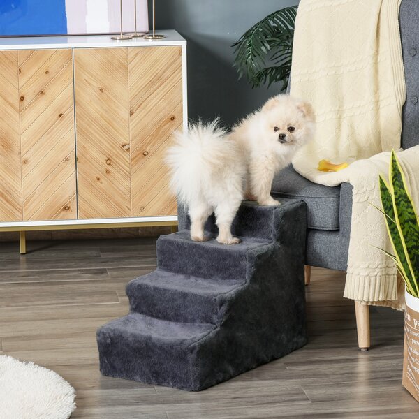 PawHut Scaletta per Cani Portatile a 4 Gradini, in Tessuto Vellutato Sfoderabile e Legno, 60x35x44 cm, Grigio Scuro | Aosom Italy