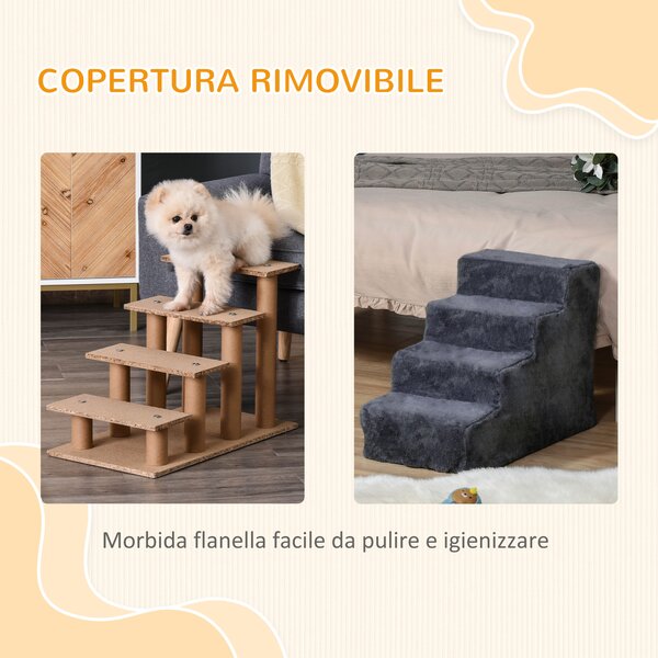 PawHut Scaletta per Cani Portatile a 4 Gradini, in Tessuto Vellutato Sfoderabile e Legno, 60x35x44 cm, Grigio Scuro | Aosom Italy