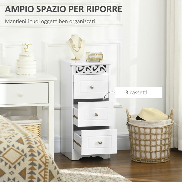 HOMCOM Mobiletto Bagno Salvaspazio con 3 Cassetti, Decoro Intaglio Floreale, Mobiletto Cassettiera per Bagno in Legno,30x30x68.5cm,Bianco| Aosom Italy