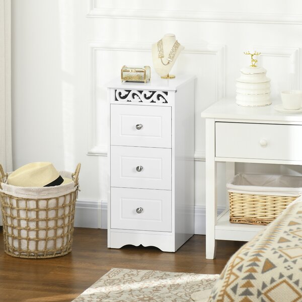 HOMCOM Mobiletto Bagno Salvaspazio con 3 Cassetti, Decoro Intaglio Floreale, Mobiletto Cassettiera per Bagno in Legno,30x30x68.5cm,Bianco| Aosom Italy