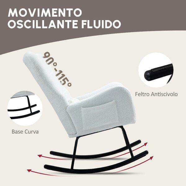 HOMCOM Sedia a Dondolo, Rivestimento in Peluche, Cuscino Lombare, Antiscivolo, fino a 120 kg, Bianco