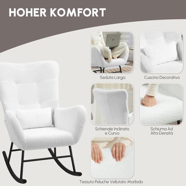HOMCOM Sedia a Dondolo, Rivestimento in Peluche, Cuscino Lombare, Antiscivolo, fino a 120 kg, Bianco