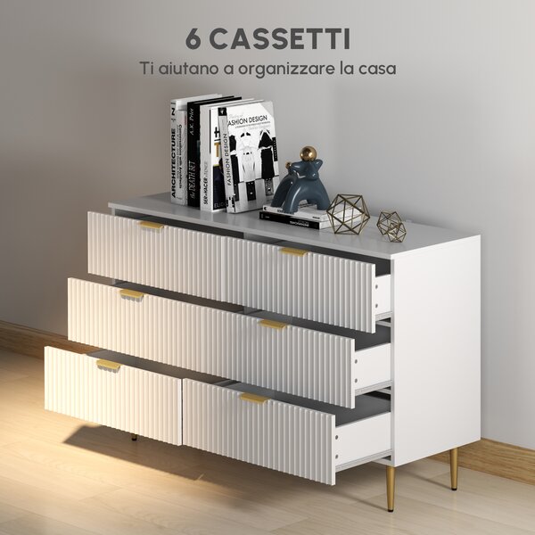 HOMCOM Cassettiera 6 cassetti mobile per camera moderno con maniglie e piedi dorati, 120 x 40 x 76,5 cm, bianco