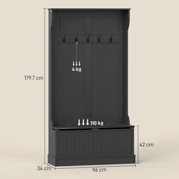 HOMCOM Attaccapanni Zapatero con Panca di Archiviazione e 5 Ganci Stile Moderno 96x34x179,7 cm Nero | Aosom Italy