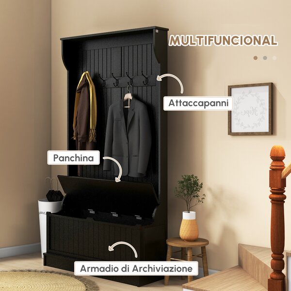 HOMCOM Attaccapanni Zapatero con Panca di Archiviazione e 5 Ganci Stile Moderno 96x34x179,7 cm Nero | Aosom Italy
