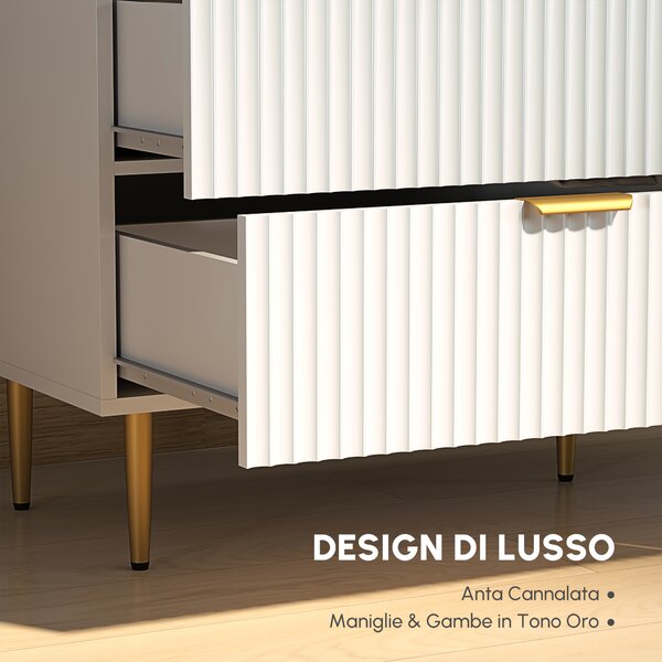 HOMCOM Cassettiera 6 cassetti mobile per camera moderno con maniglie e piedi dorati, 120 x 40 x 76,5 cm, bianco