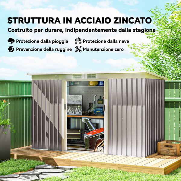 Outsunny Casetta da Giardino con 2 Prese d'Aria e 2 Porte Scorrevoli, Capanno porta Attrezzi in Acciaio, 280x130x172 cm, Grigio Chiaro | Aosom Italy