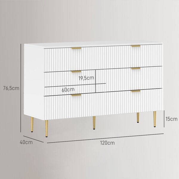 HOMCOM Cassettiera 6 cassetti mobile per camera moderno con maniglie e piedi dorati, 120 x 40 x 76,5 cm, bianco