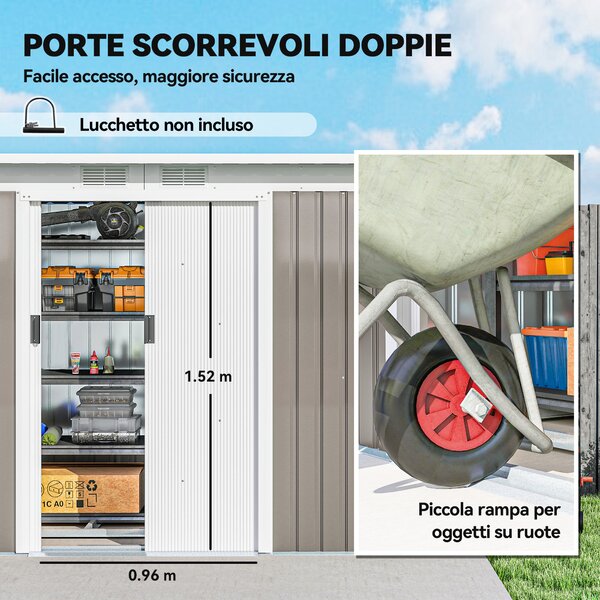 Outsunny Casetta da Giardino con 2 Prese d'Aria e 2 Porte Scorrevoli, Capanno porta Attrezzi in Acciaio, 280x130x172 cm, Grigio Chiaro | Aosom Italy