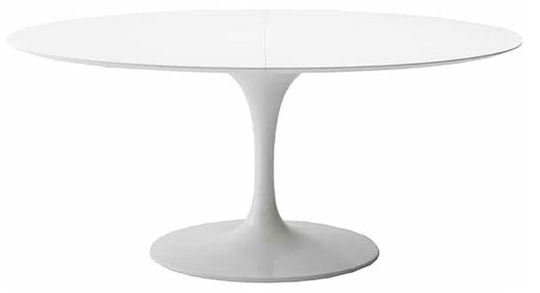Tavolo tulip rotondo allungabile da 100, 107, 120, 127, 137 con piano in laminato nero o bianco, colore bianco opaco, misure piano diametro 120 cm allungabile fino a 174 cm, colore base alluminio bianco opaco
