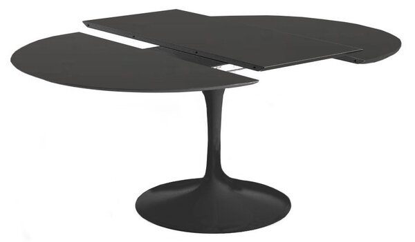 Tavolo tulip rotondo allungabile da 100, 107, 120, 127, 137 con piano in laminato nero o bianco, colore nero, misure piano diametro 120 cm allungabile fino a 174 cm, colore base alluminio nero opaco