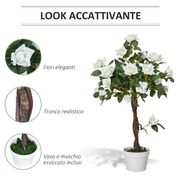 Outsunny Camelia Alberello Artificiale con 21 Fiori e Vaso, Pianta Finta Interno ed Esterno Alta 90cm, Bianco e Verde|Aosom