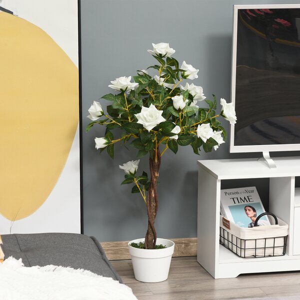 Outsunny Camelia Alberello Artificiale con 21 Fiori e Vaso, Pianta Finta Interno ed Esterno Alta 90cm, Bianco e Verde|Aosom