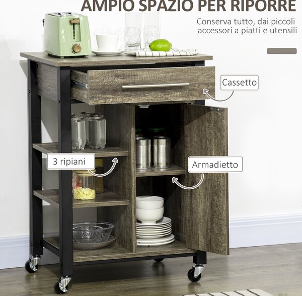 HOMCOM Carrello da Cucina Portavivande con Cassetto, Mensole, Armadietto e 4 Ruote, Legno Truciolare, 60x50x84.5cm, Quercia