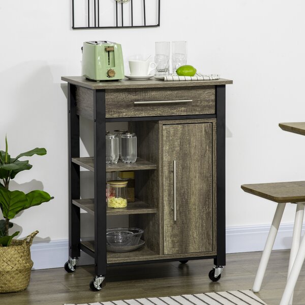 HOMCOM Carrello da Cucina Portavivande con Cassetto, Mensole, Armadietto e 4 Ruote, Legno Truciolare, 60x50x84.5cm, Quercia
