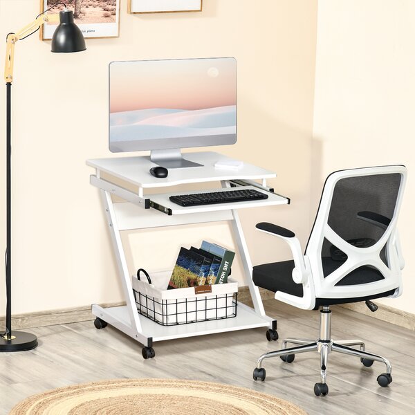 HOMCOM Tavolo Porta PC Classico e Salvaspazio, Piano Tastiera a Scomparsa, 4 Ruote e Ripiano Inferiore Bianco 60x48x73cm|Aosom