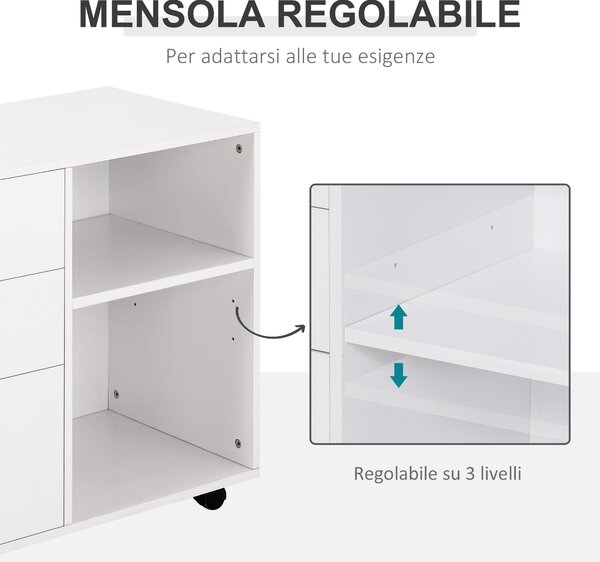 HOMCOM Mobile Porta Stampante con 3 Cassetti in Legno, Mobile Ufficio Multiuso con 4 Ruote e Ripiani Aperti, 80x40x65cm, Bianco|Aosom