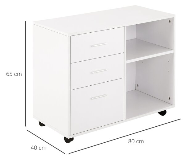 HOMCOM Mobile Porta Stampante con 3 Cassetti in Legno, Mobile Ufficio Multiuso con 4 Ruote e Ripiani Aperti, 80x40x65cm, Bianco|Aosom