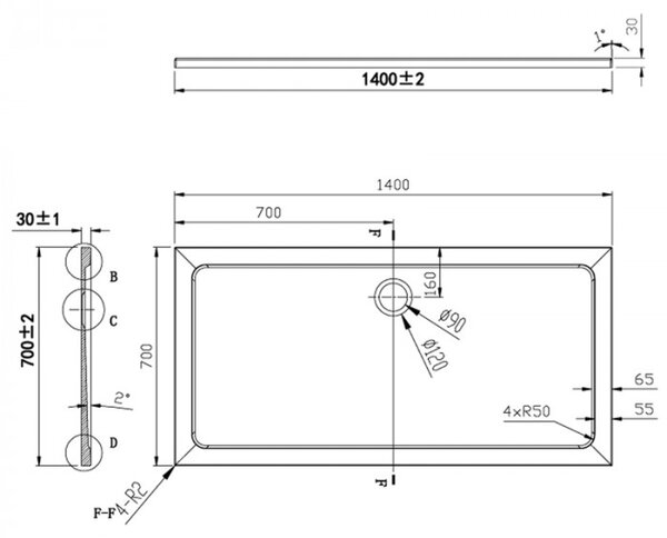 ON - Piatto doccia in resina slim rettangolare massa piena cm 70x140