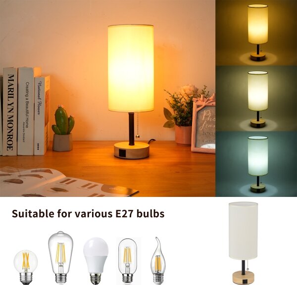 Brilagi - Lampada da tavolo con porta USB TABLON 1xE27/25W/230V rovere/nero/crema