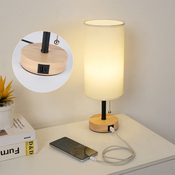 Brilagi - Lampada da tavolo con porta USB TABLON 1xE27/25W/230V rovere/nero/crema