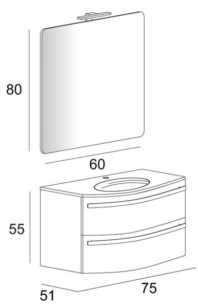 STELLA - Mobile bagno sospeso 75 cm 2 cassetti lavabo e specchio led Bianco frassinato Completa