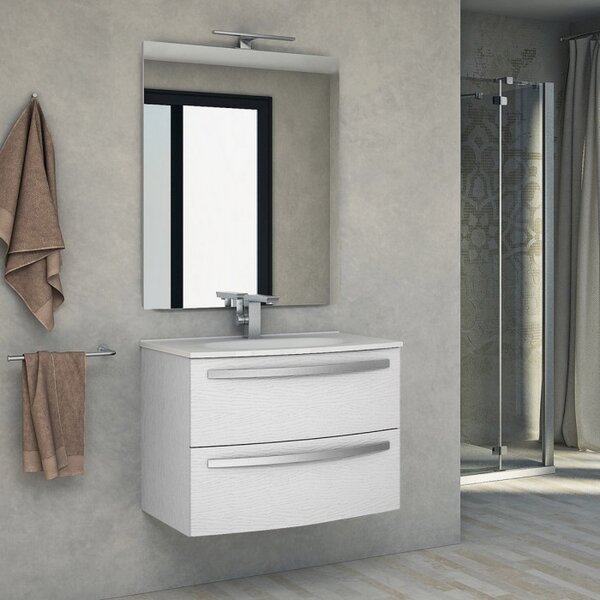 STELLA - Mobile bagno sospeso 75 cm 2 cassetti lavabo e specchio led Bianco frassinato Completa