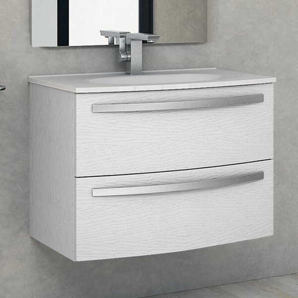 STELLA - Mobile bagno sospeso 75 cm 2 cassetti lavabo e specchio led Bianco frassinato Completa