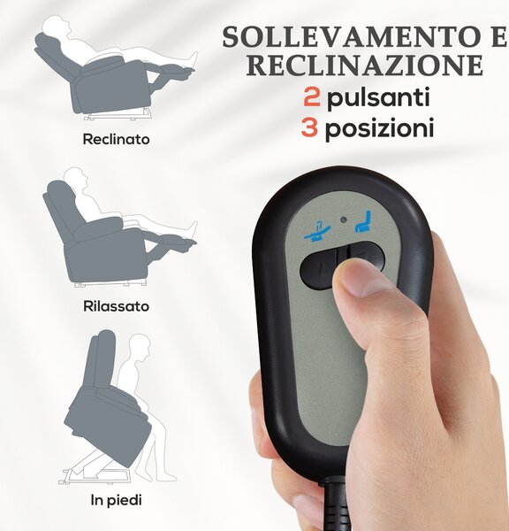 HOMCOM Poltrona Alzapersona a 8 Punti Massaggianti e Tasca Portaoggetti, in Finta Pelle e Acciaio, 90x95x103 cm, Grigia