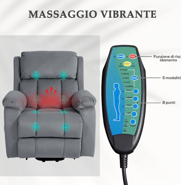 HOMCOM Poltrona Alzapersona a 8 Punti Massaggianti e Tasca Portaoggetti, in Finta Pelle e Acciaio, 90x95x103 cm, Grigia