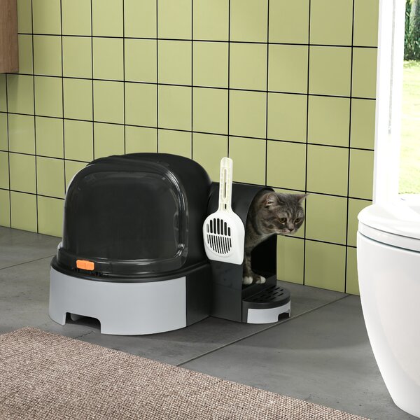 PawHut Lettiera per Gatti Chiusa con Coperchio, Vassoio Estraibile e Paletta, in PP e PC, 52x60x42 cm, Grigio Scuro | Aosom Italy