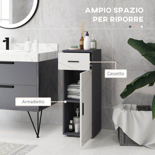 Kleankin Mobiletto Bagno in Truciolato con Cassetto e Armadietto a 2 Livelli Regolabili, 30x30x82 cm, Grigio|Aosom