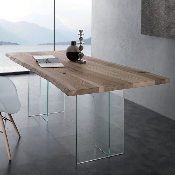 Bio glass la seggiola tavolo fisso con piano in frassino olivato massello spazzolato tinto naturale gambe in vetro, misure piano 250 x 100 x altezza 76