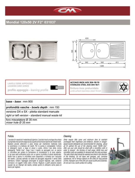 BASIC - Mobile sottolavello cucina 120 cm cassettiera dx Lavello inox 2 vasche frassino moire