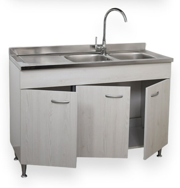 BASIC - Mobile sottolavello cucina 120 cm 3 ante sx lavello inox 2 vasche frassino moire