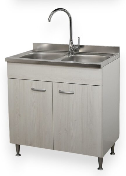 BASIC - Mobile sottolavello cucina 2 ante con lavello inox 2 vasche frassino moire