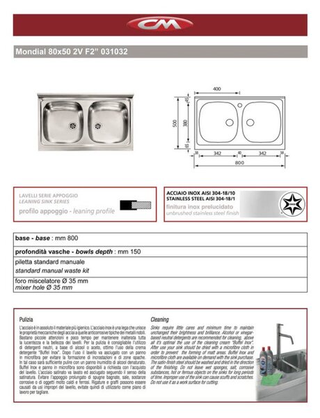 BASIC - Mobile sottolavello cucina 2 ante con lavello inox 2 vasche frassino moire