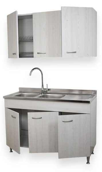 BASIC - Mobile cucina 120 cm 3 ante con pensile scolapiatti e lavello piano dx Frassino Moire