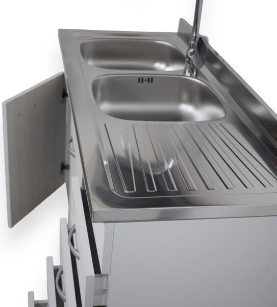 BASIC - Mobile cucina 120 cm 3 ante con pensile scolapiatti e lavello piano dx Frassino Moire